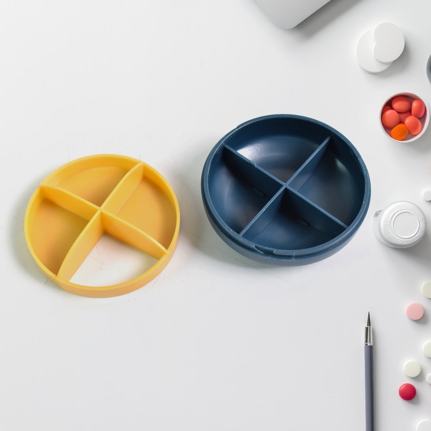 Portable Round Shape 4 Compartments Pill Box (1 Pc / With Color Box) Portable Round Shape 4 Compartments Pill Box (1 Pc / With Color Box)